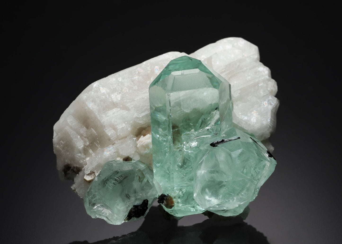 BERYL var. Aquamarine with MUSCOVITE and Tourmaline on Feldspar