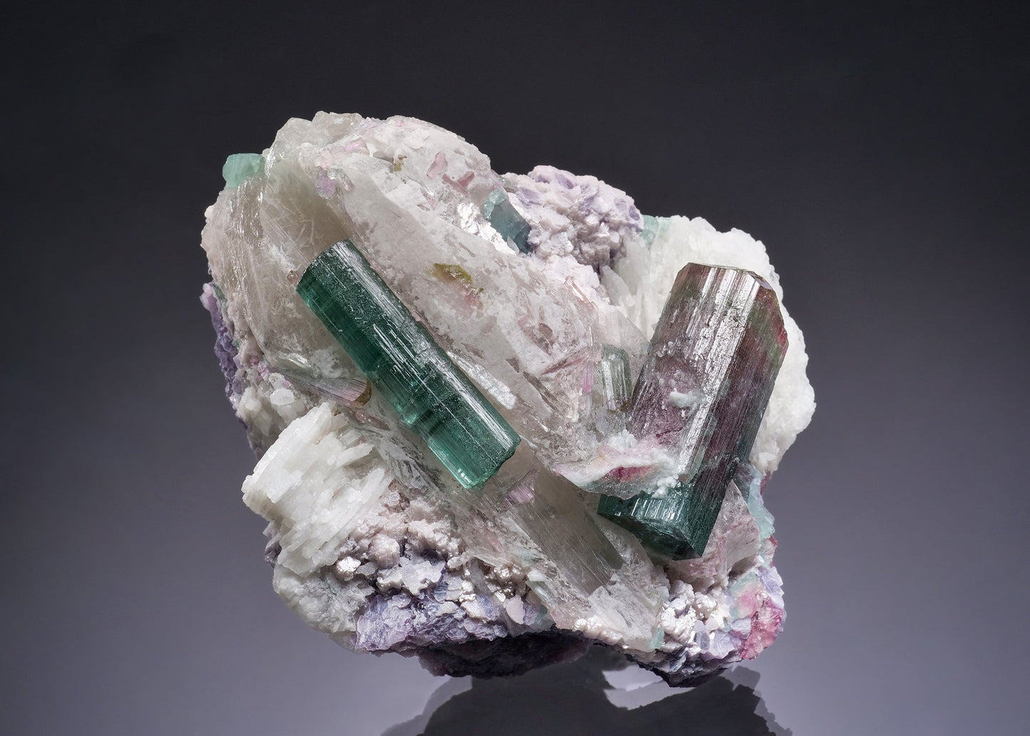 ELBAITE on QUARTZ with Cleavelandite and Lepidolite