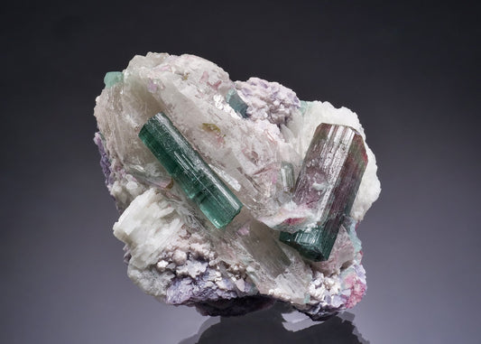 ELBAITE on QUARTZ with Cleavelandite and Lepidolite