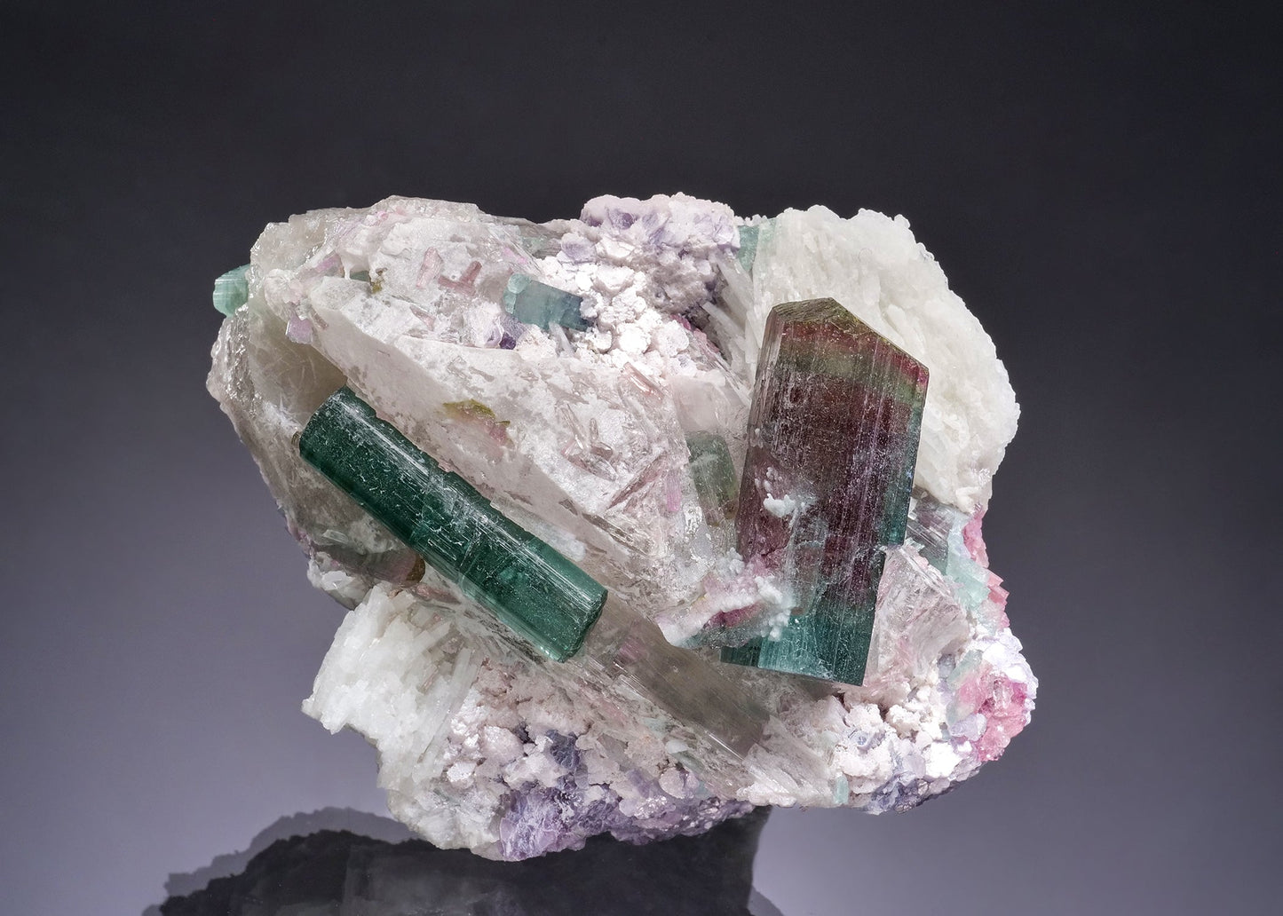 ELBAITE on QUARTZ with Cleavelandite and Lepidolite