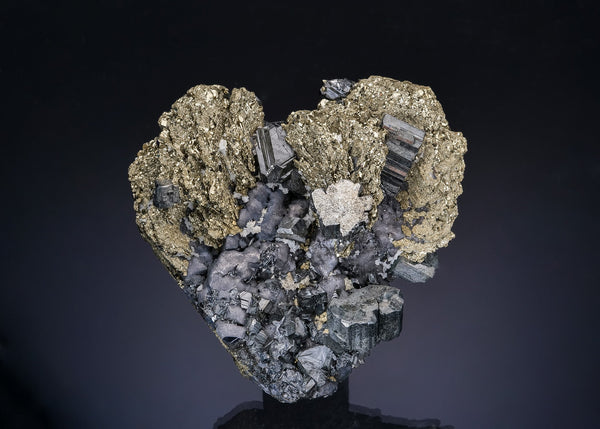 BOURNONITE with GALENA and SPHALERITE on PYRITE ps. after PYRRHOTITE