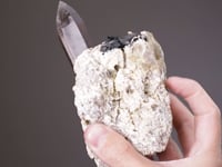 Smoky QUARTZ on  FELDSPAR  with  SCHORL and  MUSCOVITE