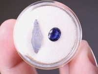 CORUNDUM var. Sapphire   Uncut crystal and cut gem