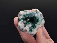 DIOPTASE with MALACHITE  on CALCITE