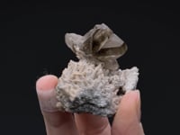 CERUSSITE with CALCITE  and MALACHITE on QUARTZ