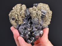 BOURNONITE with GALENA and SPHALERITE on PYRITE ps. after PYRRHOTITE